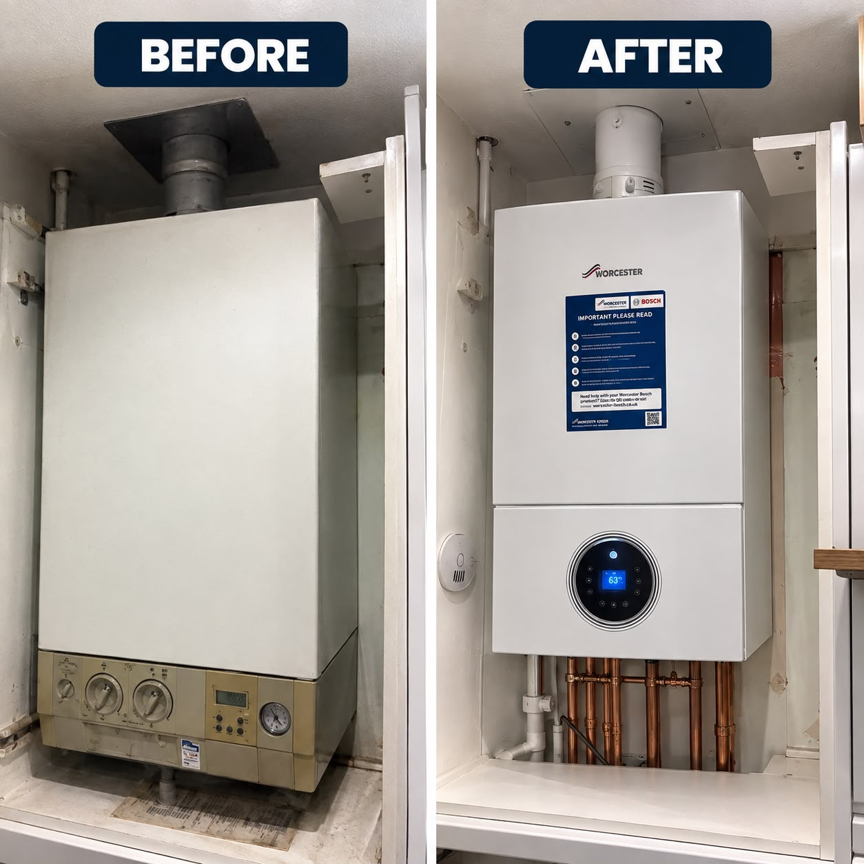 Before and after boiler replacement in a cupboard with a new Worcester Bosch boiler and fresh copper pipework