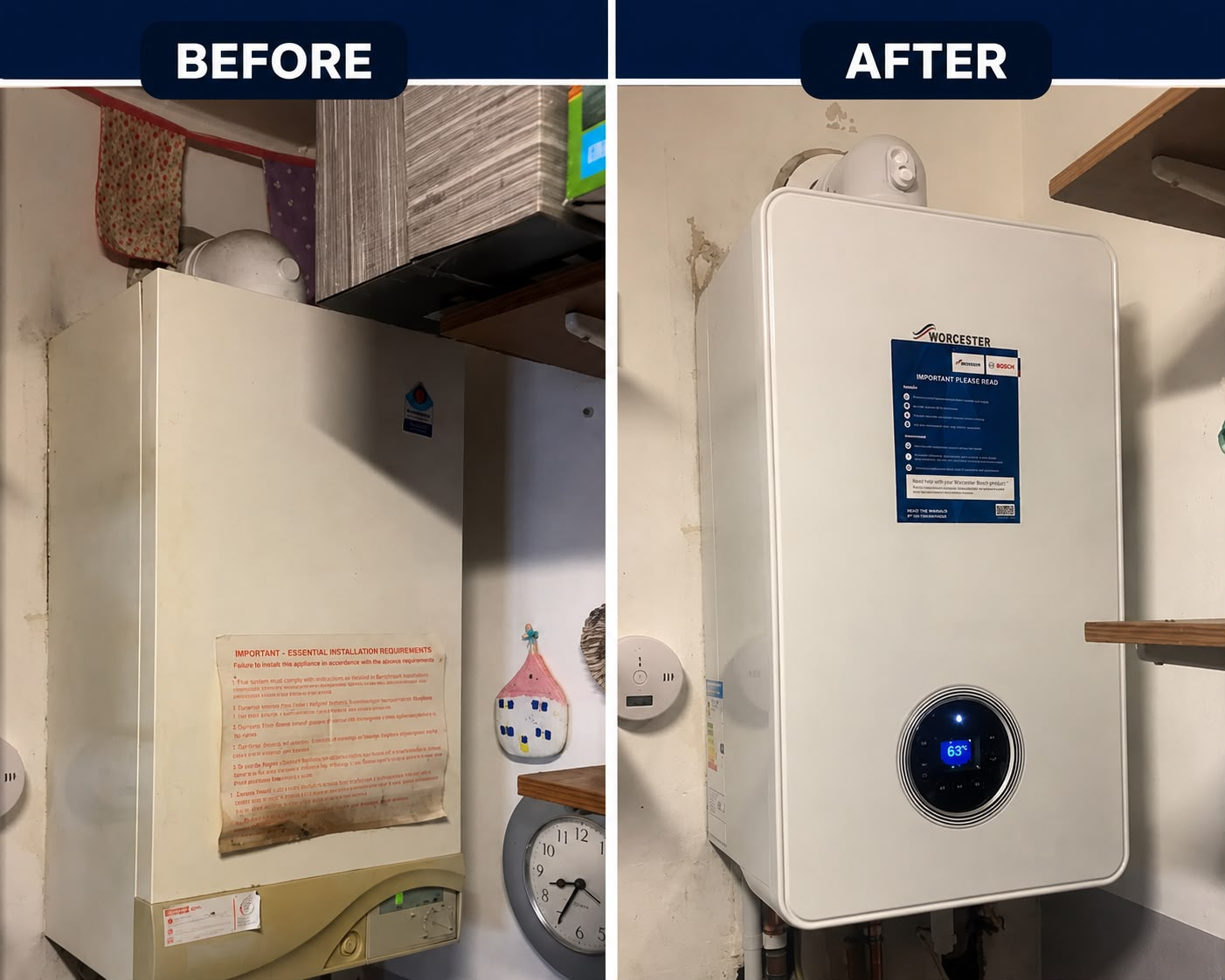 Before and after boiler replacement showing an old boiler removed and a new Worcester Bosch combi boiler fitted